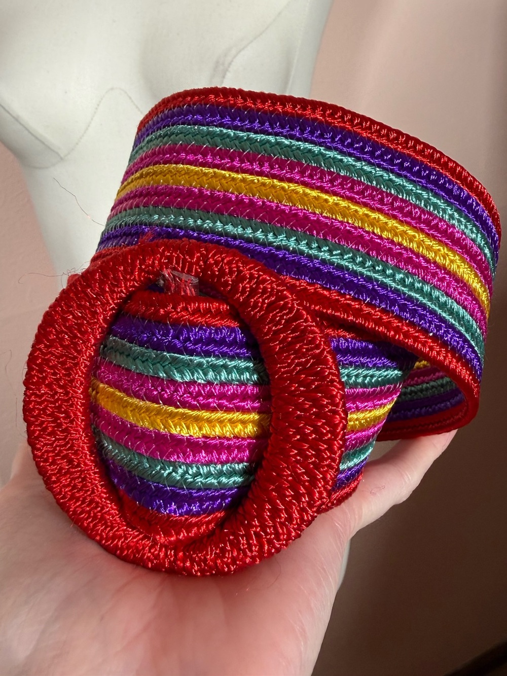Vintage Rainbow Striped woven Fabric Wide Belt eclectic grandpa Small